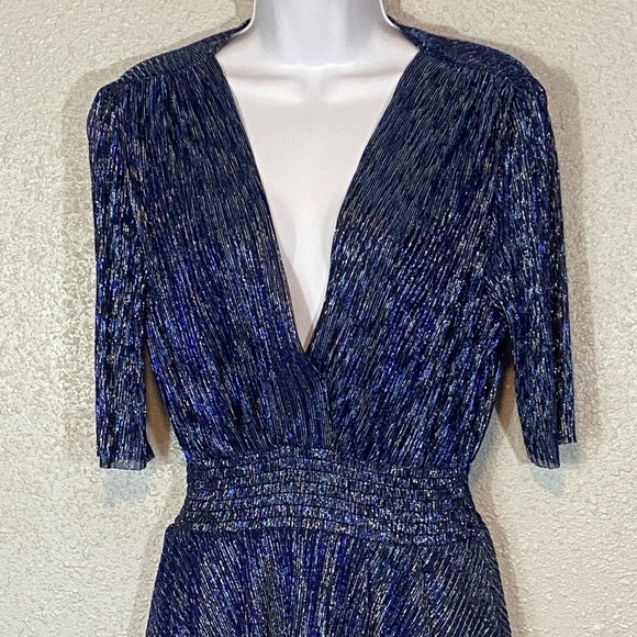 Maje Metallic Blues/Black & Silver Tiered V-Neck Midi Dress - Picture 4 of 10